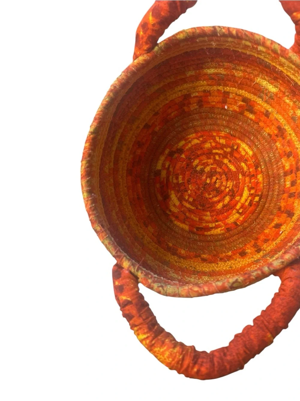 Handmade K Designs Coiled Fabric Basket Orange Rust Gold Double Handle